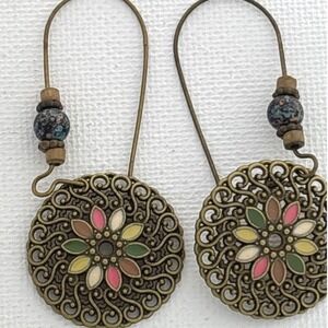 Earrings Bronze Enamel Multicolor Kidney Wire Boho Flower New
